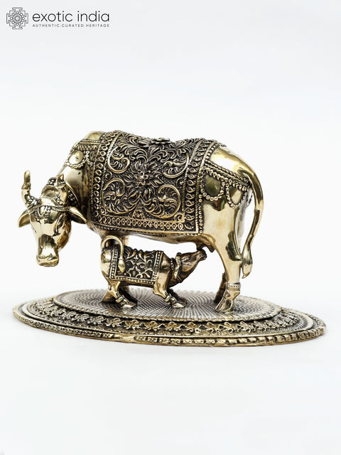 6" Small Superfine Cow and Calf Statue in Brass