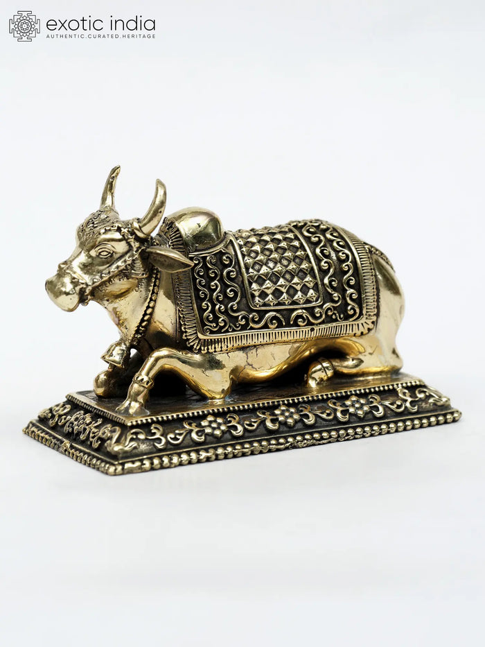 4" Handmade Brass Nandi Statue with Decorative Details