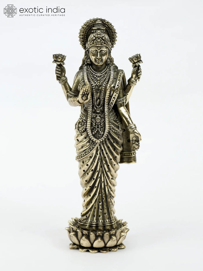 Superfine Four-Armed Goddess Lakshmi Brass Statue Standing on Lotus