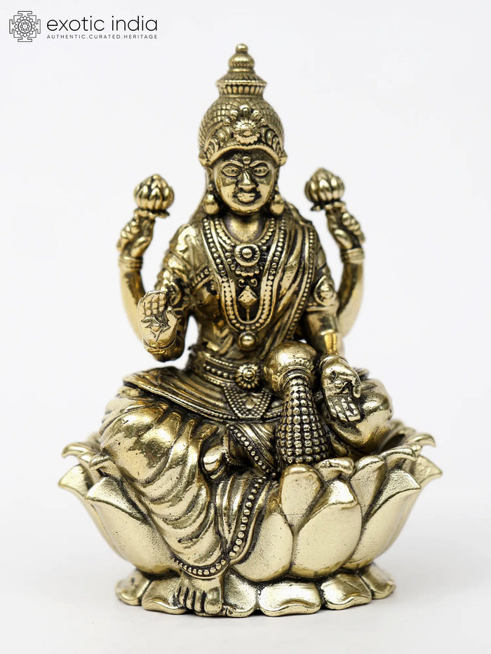 Brass Dhanalakshmi Idol on Lotus Flower - Handmade Home Decor