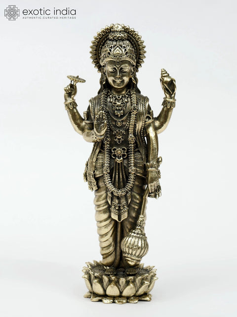 Small Four Armed Lord Vishnu Standing on Lotus | Brass Statue | Multiple Sizes