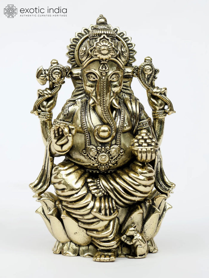 Small Superfine Chaturbhuja Ganesha Seated Lotus Brass Statue