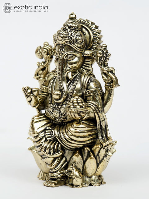 Small Superfine Chaturbhuja Lord Ganesha Seated on Lotus | Multiple Sizes Brass Statue