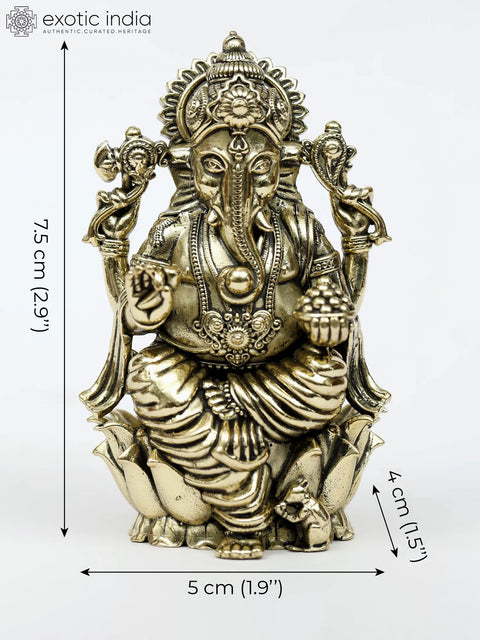 Small Superfine Chaturbhuja Lord Ganesha Seated on Lotus | Multiple Sizes Brass Statue