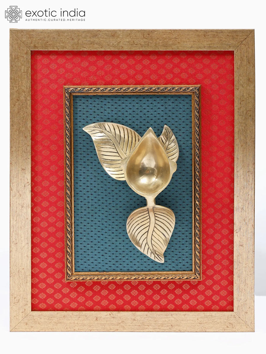 17" Brass Designer Diya Wood Framed Wall Hanging Decor