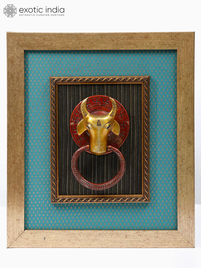15" Nandi Face Brass Wall Hanging Sculpture with Wood Frame