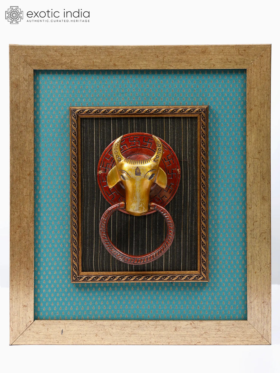 15" Nandi Face Brass Wall Hanging Sculpture with Wood Frame