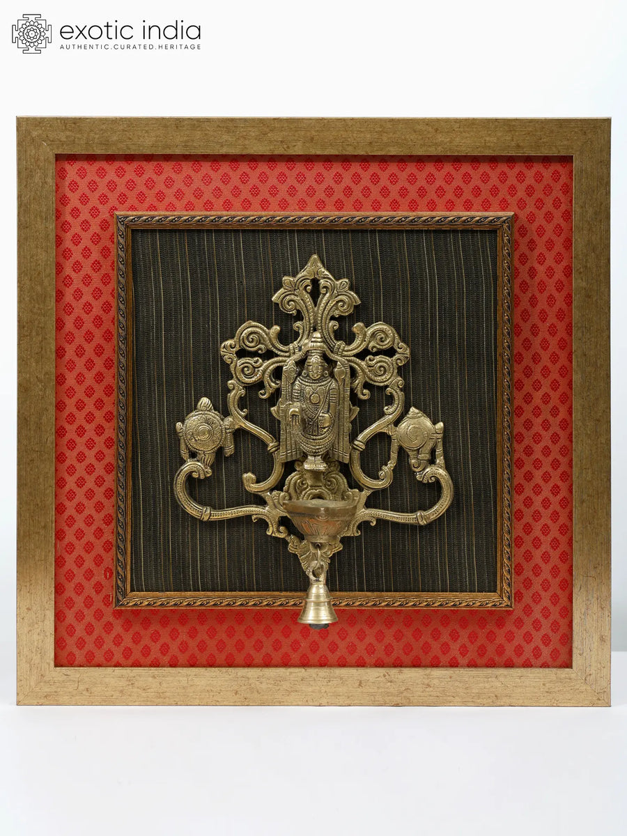 19" Venkateshvara Brass Lamp with Bell Wood Frame Wall Hanging