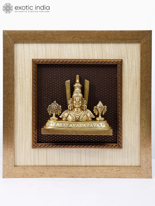 16" Tirupati Balaji Venkateshvara Wood Framed Brass Wall Hanging Statue