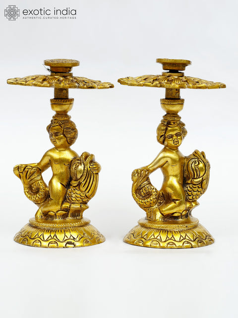 6" Brass Elegant Pair of Angels Table Showpiece Candle Holders