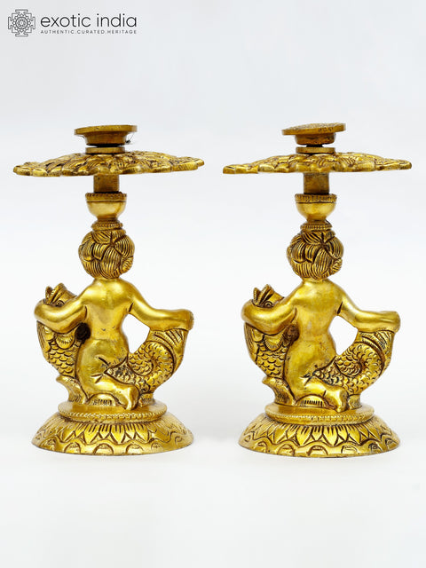 6" Brass Elegant Pair of Angels Table Showpiece Candle Holders