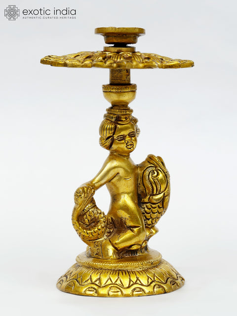 6" Brass Elegant Pair of Angels Table Showpiece Candle Holders