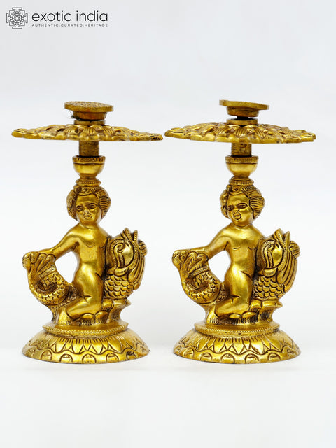 6" Brass Elegant Pair of Angels Table Showpiece Candle Holders