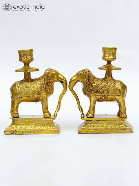6" Brass Pair of Elephant Candle Holders