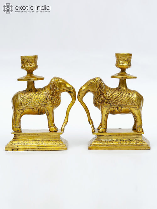 6" Brass Elephant Candle Holders Pair for Home Decor
