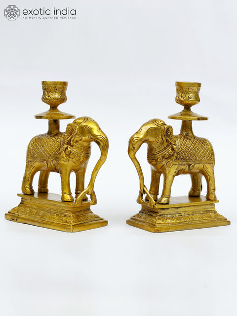6" Brass Pair of Elephant Candle Holders