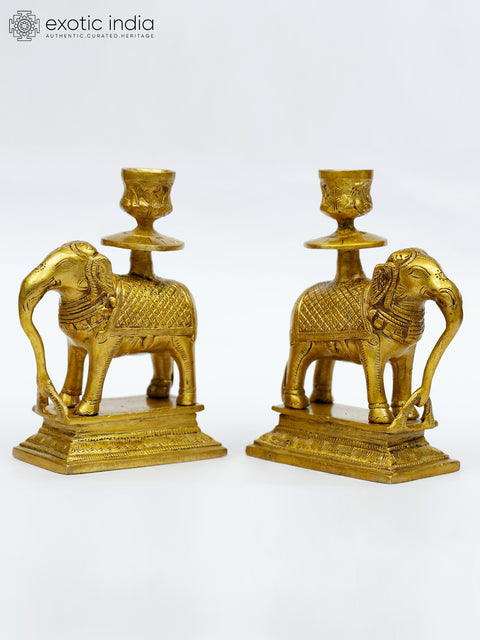 6" Brass Pair of Elephant Candle Holders
