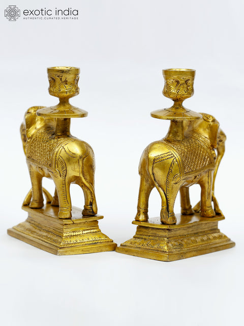 6" Brass Pair of Elephant Candle Holders
