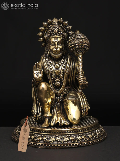 Brass Sitting Hanuman Blessing Gesture Statue Handmade