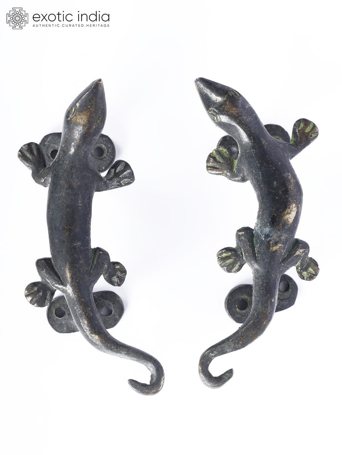 5" Lizard Design Brass Door Handles Pair Vintage Style