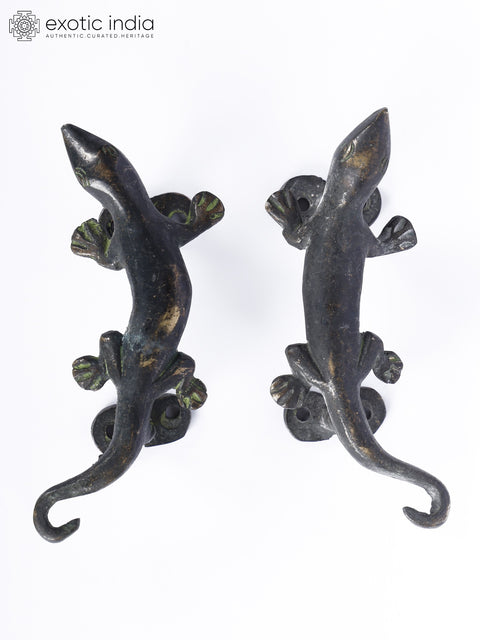 5" Lizards Design Vintage Look Door Handles Pair in Brass
