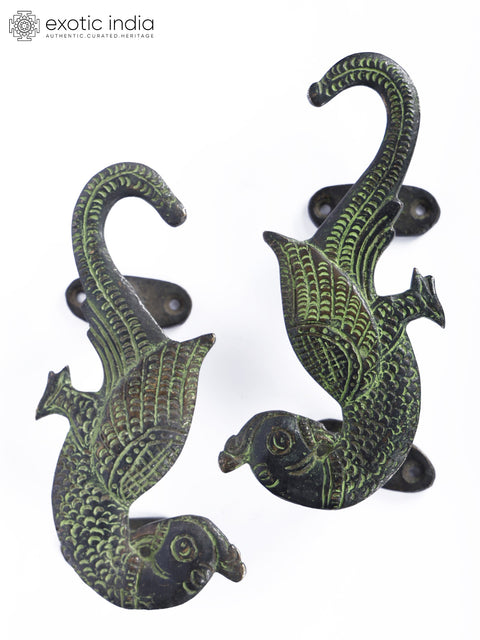 6" Pair of Parrots Design Door Handles in Brass