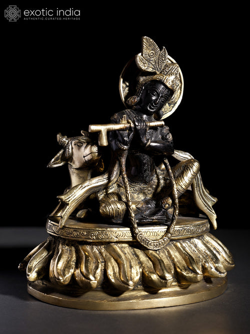 8" Murli Manohar Krishna Brass Statue with Cow Handmade
