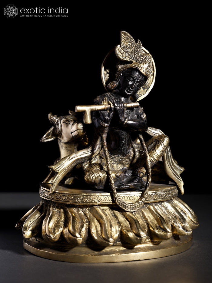 8" Murli Manohar Krishna Brass Statue with Cow Handmade