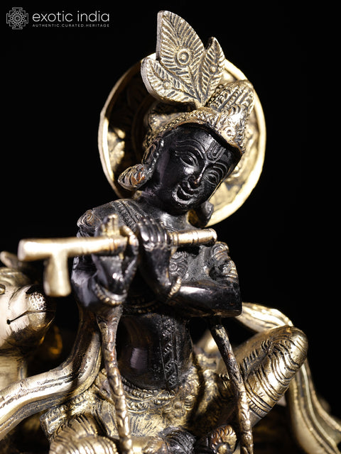 8" Murli Manohar Krishna Brass Statue Seated with Cow