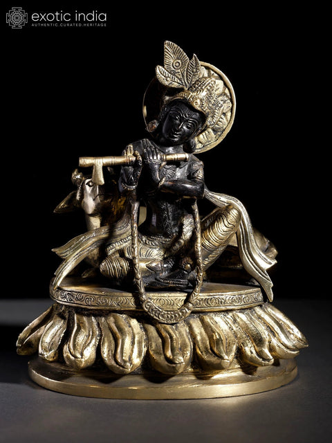 8" Murli Manohar Krishna Brass Statue Seated with Cow