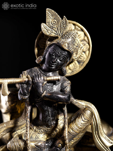 8" Murli Manohar Krishna Brass Statue Seated with Cow