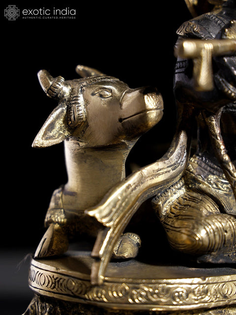 8" Murli Manohar Krishna Brass Statue Seated with Cow