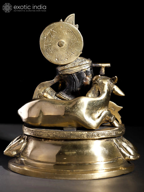 8" Murli Manohar Krishna Brass Statue Seated with Cow