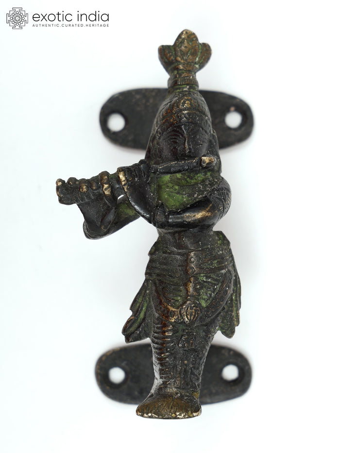 4" Brass Fluting Krishna Door Handle Home Decor Statue