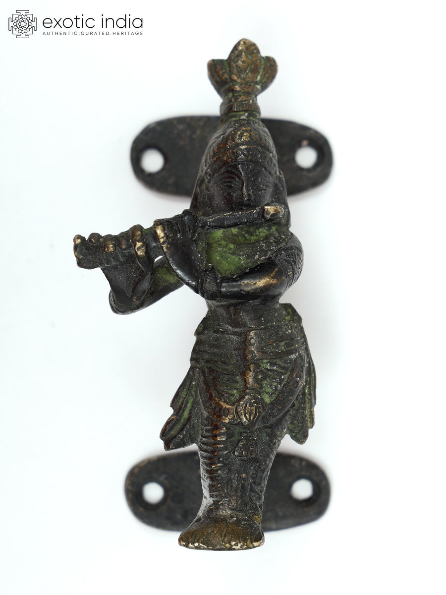 4" Brass Fluting Krishna Door Handle Home Decor Statue