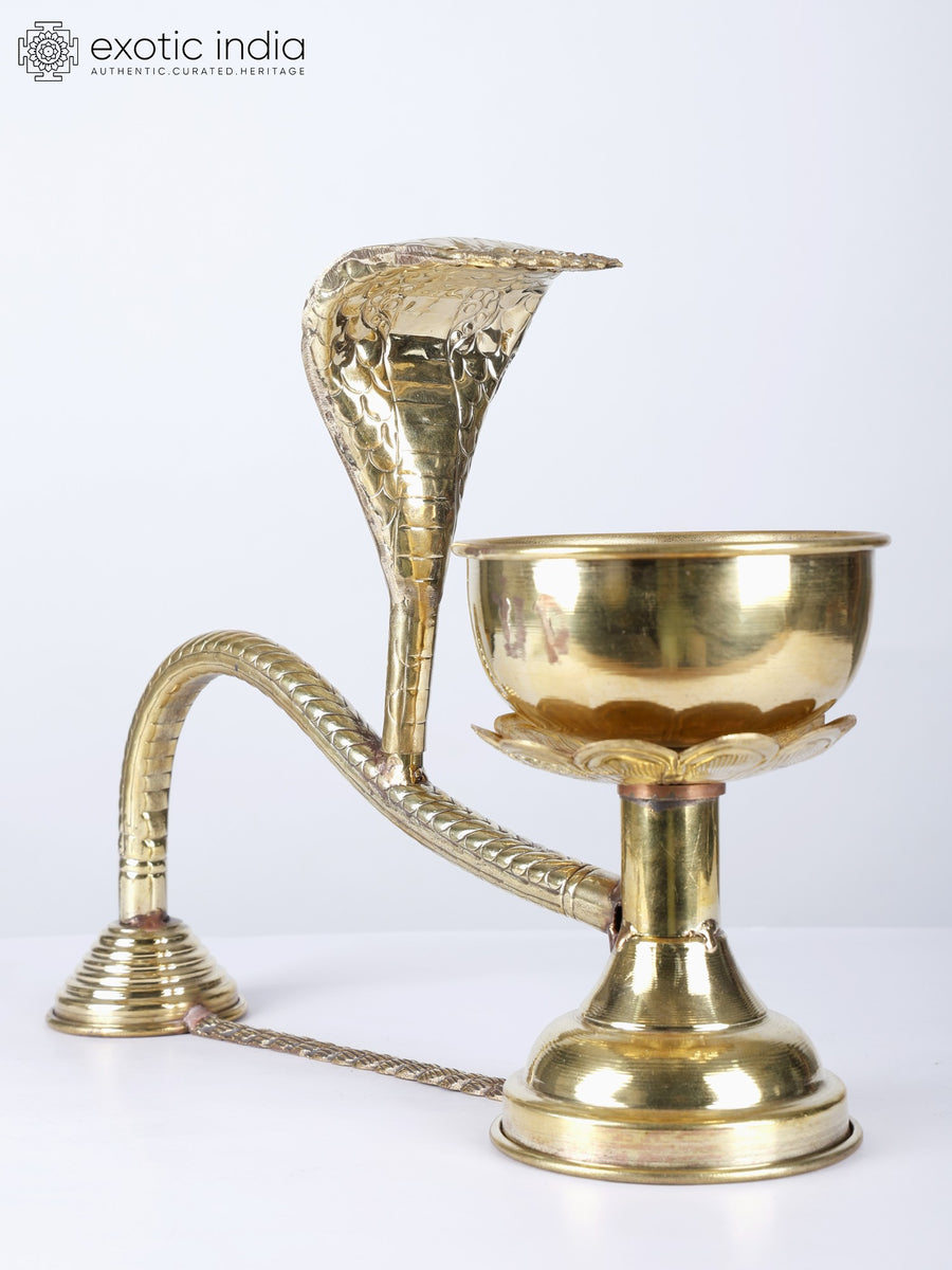 15" Brass Arti Diya with Serpent Handle for Pooja