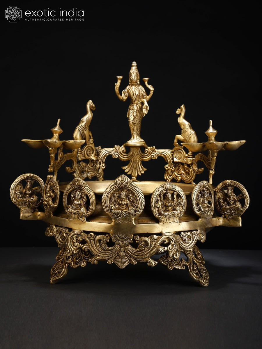16" Brass Ashtalakshmi Urli Multi-Wick Oil Lamp for Pooja
