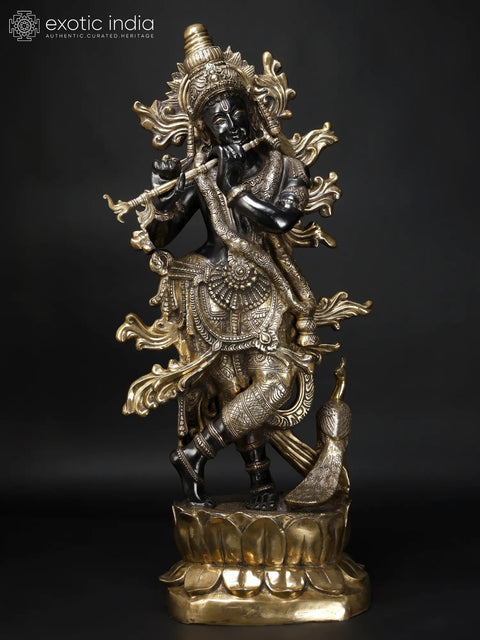 Krishna’s Inimitable Magnificence (Large Murli Manohar Lord Krishna Brass Statue Standing on Lotus with Peacock)