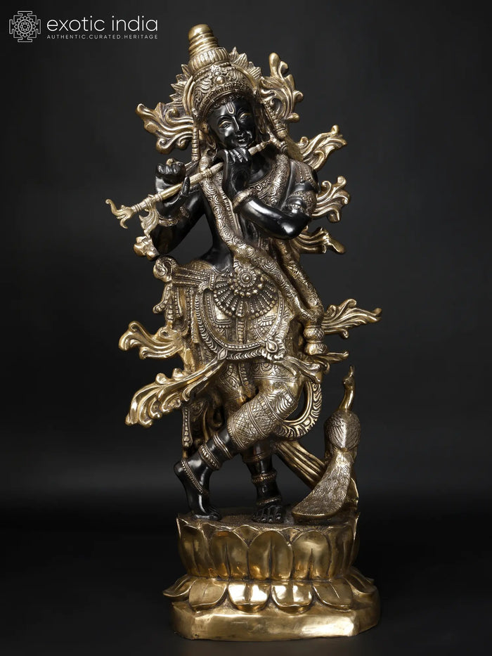 Krishna’s Inimitable Magnificence (Large Murli Manohar Lord Krishna Brass Statue Standing on Lotus with Peacock)