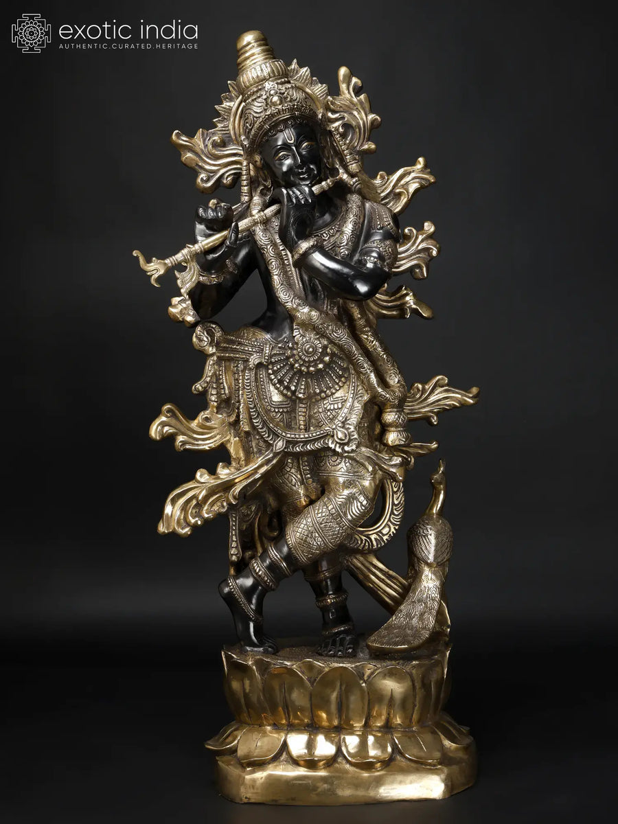 Large Murli Manohar Krishna Brass Statue with Peacock and Lotus
