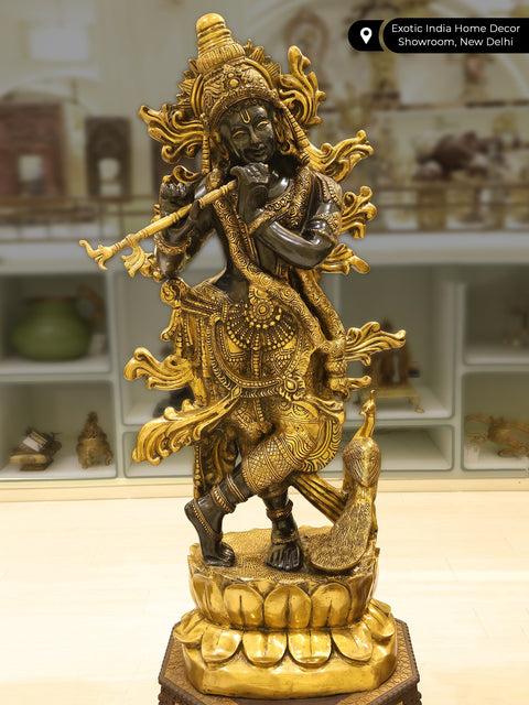 Krishna’s Inimitable Magnificence (Large Murli Manohar Lord Krishna Brass Statue Standing on Lotus with Peacock)
