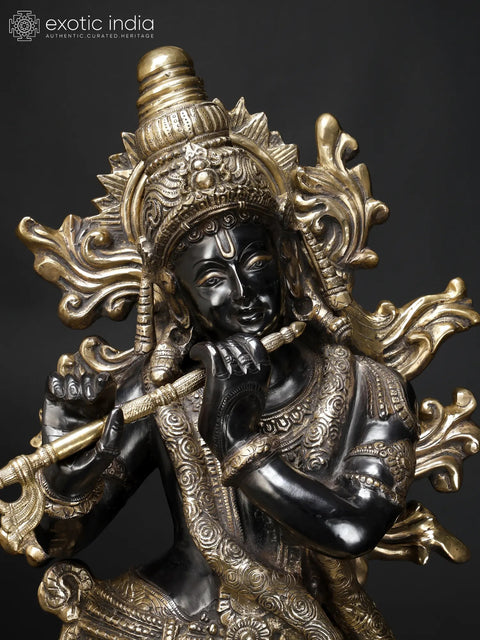 Krishna’s Inimitable Magnificence (Large Murli Manohar Lord Krishna Brass Statue Standing on Lotus with Peacock)