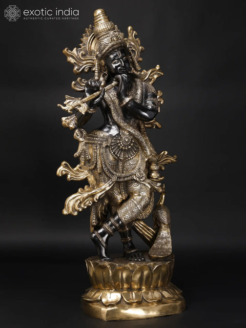 Krishna’s Inimitable Magnificence (Large Murli Manohar Lord Krishna Brass Statue Standing on Lotus with Peacock)