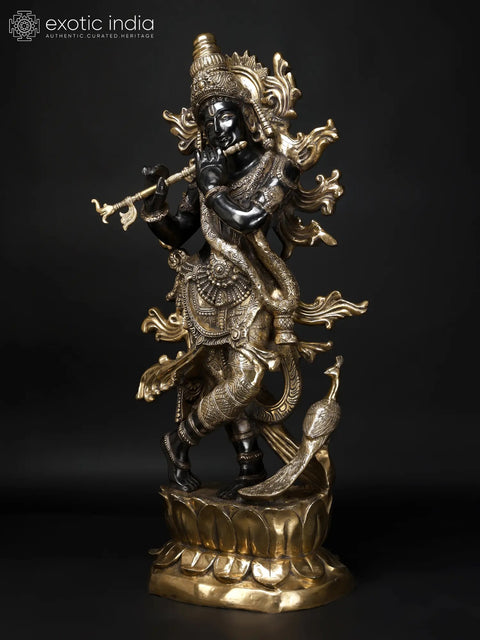 Krishna’s Inimitable Magnificence (Large Murli Manohar Lord Krishna Brass Statue Standing on Lotus with Peacock)
