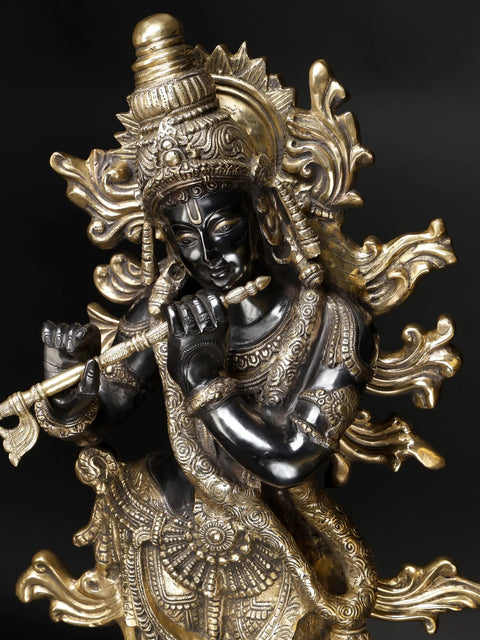 Krishna’s Inimitable Magnificence (Large Murli Manohar Lord Krishna Brass Statue Standing on Lotus with Peacock)