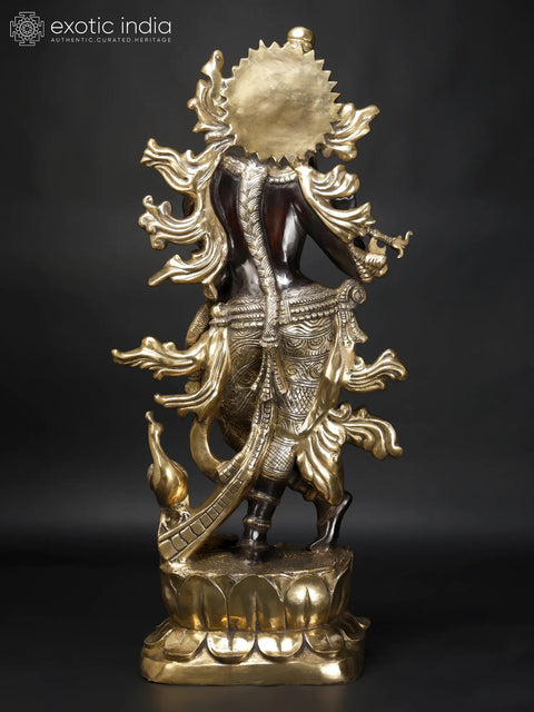 Krishna’s Inimitable Magnificence (Large Murli Manohar Lord Krishna Brass Statue Standing on Lotus with Peacock)