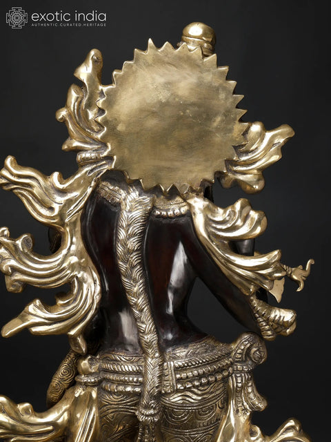 Krishna’s Inimitable Magnificence (Large Murli Manohar Lord Krishna Brass Statue Standing on Lotus with Peacock)