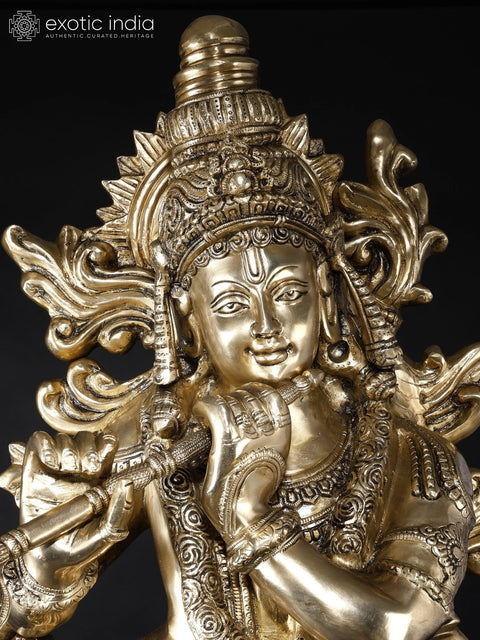 KrishnaÕs Inimitable Magnificence (Large Murli Manohar Lord Krishna Brass Statue Standing on Lotus with Peacock)