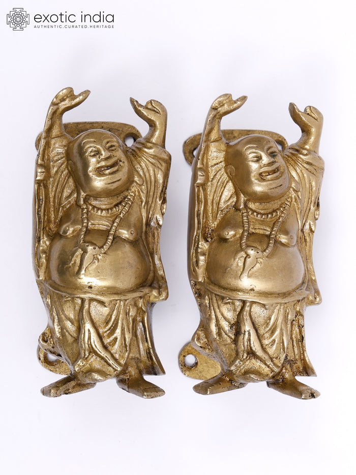 5" Laughing Buddha Brass Door Handles Pair Handmade