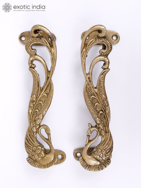 7" Pair of Swans Brass Door Handles